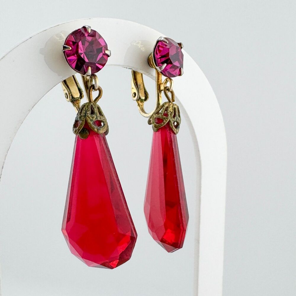 Vintage Red Glass Dangle Earrings Faceted Drop Clip-On Gold Tone 1950s Style